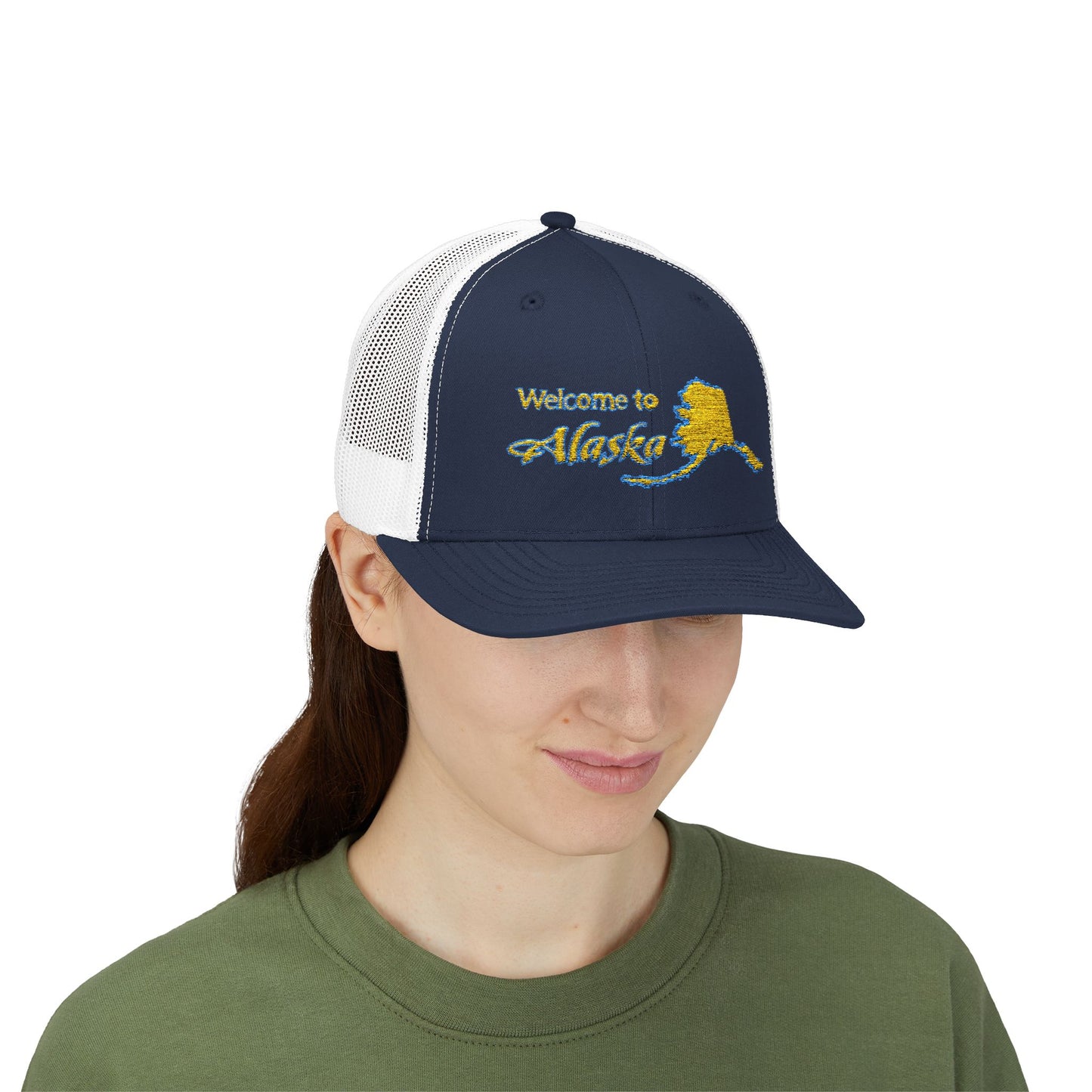 Welcome to Alaska Golden Trucker Cap - Skagway, Alaska Snapback | Royal Alpine