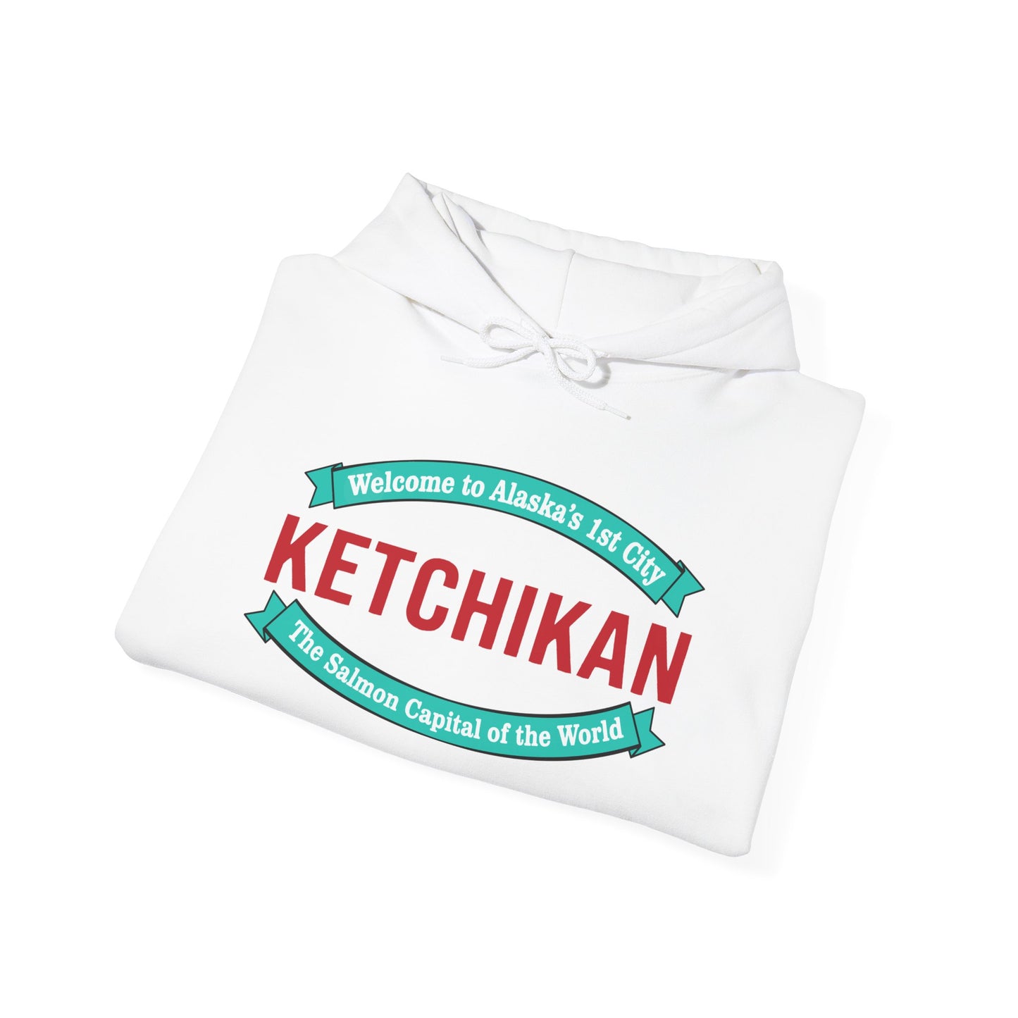 Authentic Ketchikan Alaska Hoodie featuring a modern interpretation of Ketchikan's welcome sign. Premium coastal souvenir tee inspired by the Salmon Capital of the World.