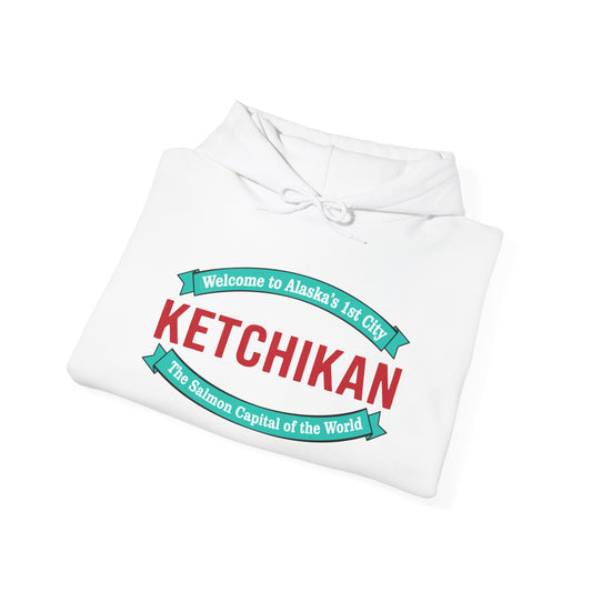 Authentic Ketchikan Alaska Hoodie featuring a modern interpretation of Ketchikan's welcome sign. Premium coastal souvenir tee inspired by the Salmon Capital of the World.
