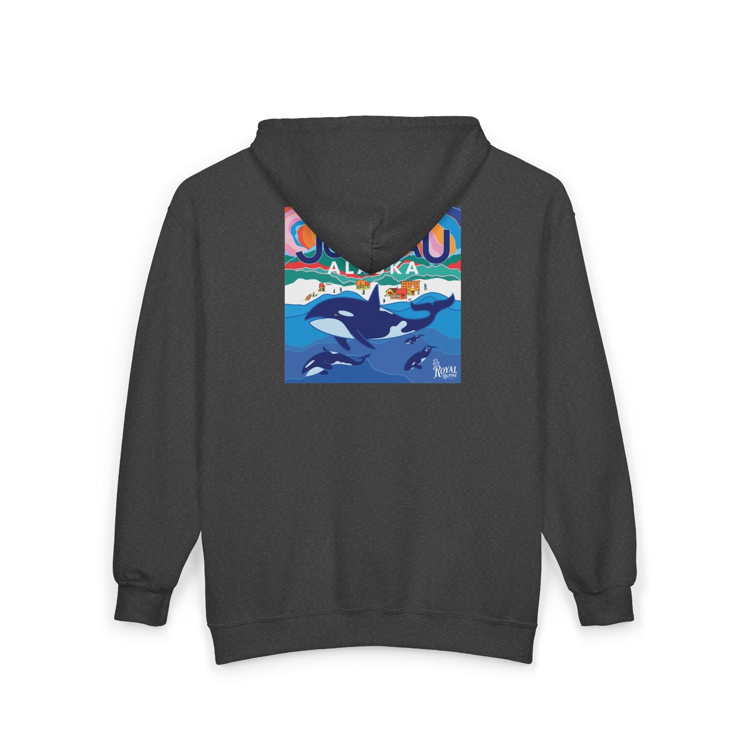 Juneau Alaska Orca Zip Hoodie — Vintage Travel Whale & Sunset Full‑Zip Sweatshirt