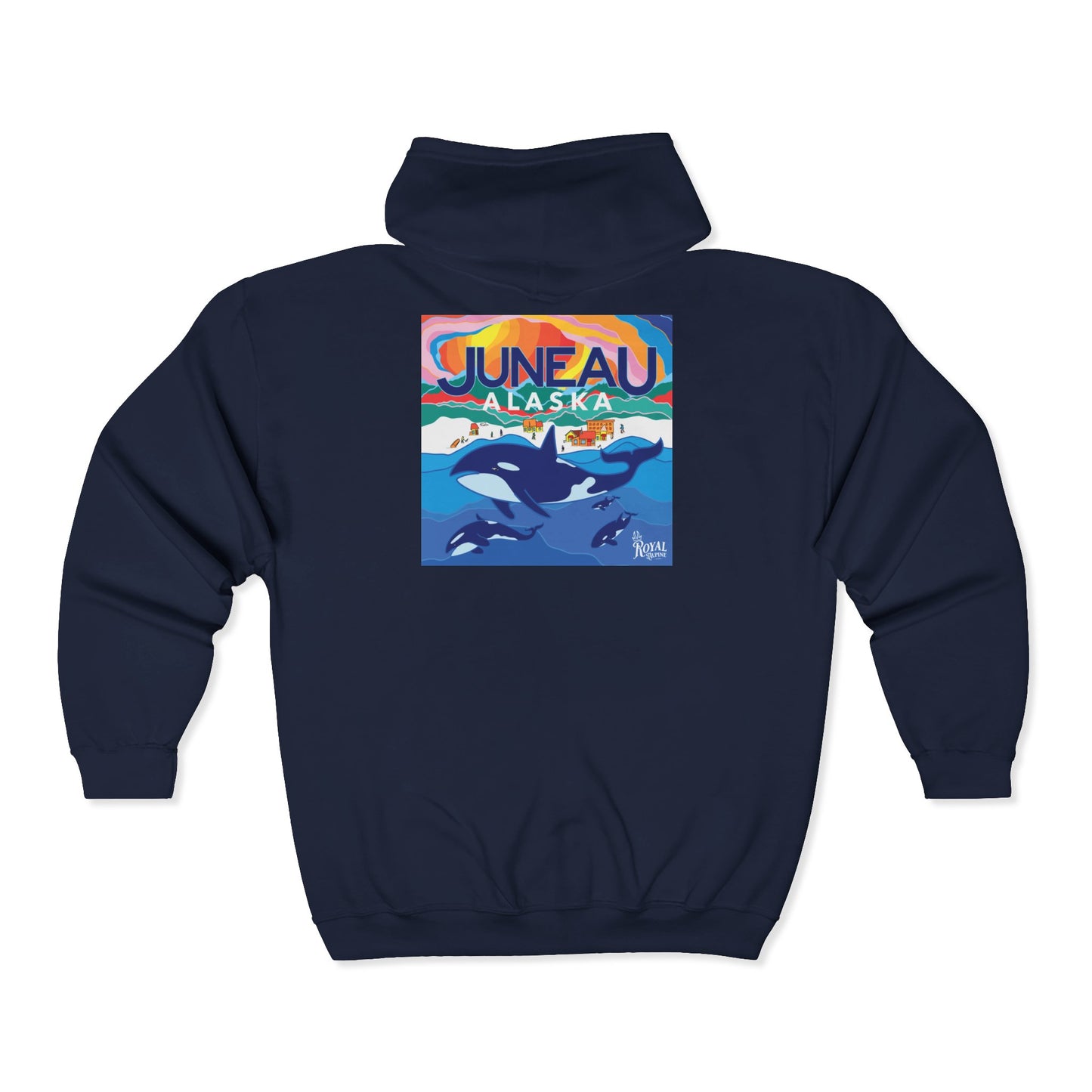 Juneau Alaska Orca Zip Hoodie — Vintage Travel Whale & Sunset Full‑Zip Sweatshirt