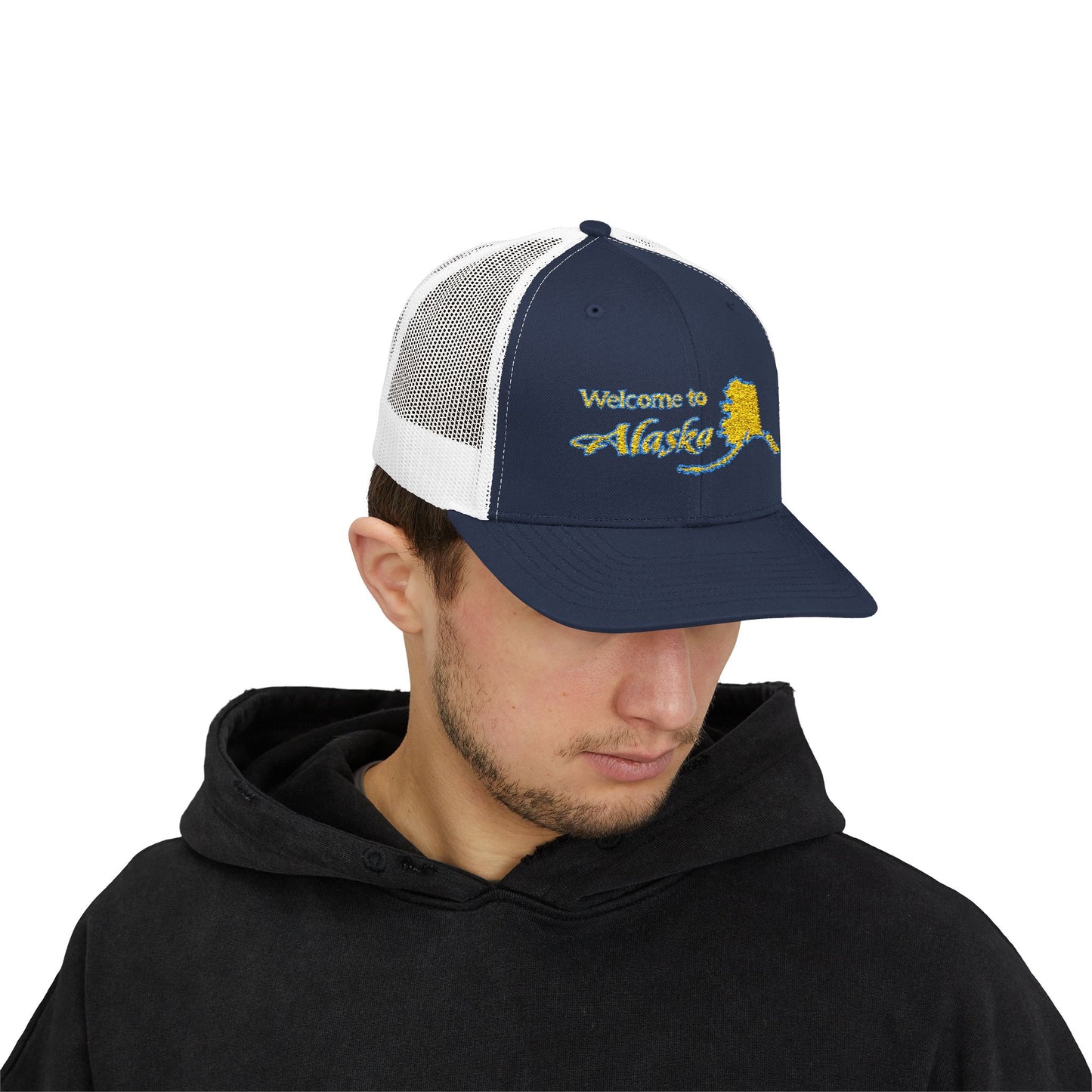 Welcome to Alaska Golden Trucker Cap - Skagway, Alaska Snapback | Royal Alpine