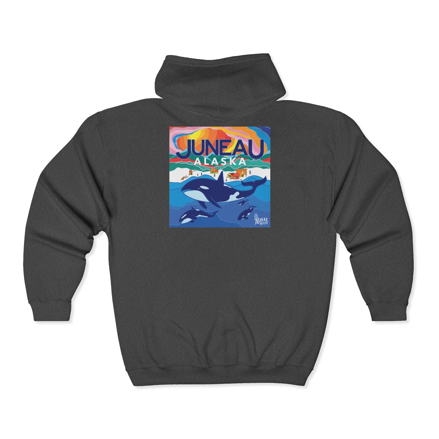 Juneau Alaska Orca Zip Hoodie — Vintage Travel Whale & Sunset Full‑Zip Sweatshirt
