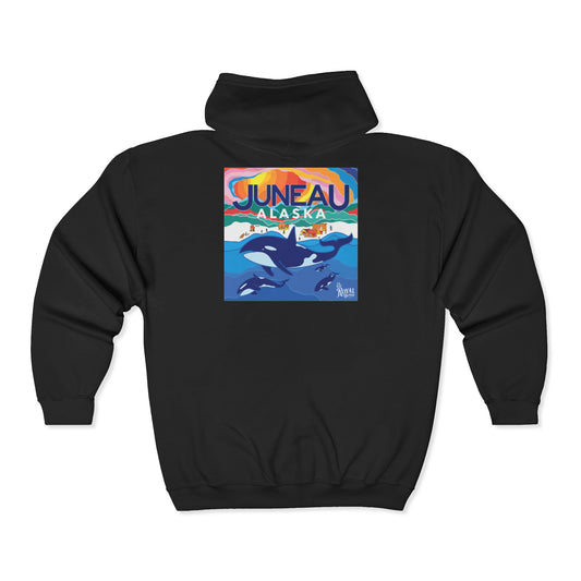 Juneau Alaska Orca Zip Hoodie — Vintage Travel Whale & Sunset Full‑Zip Sweatshirt