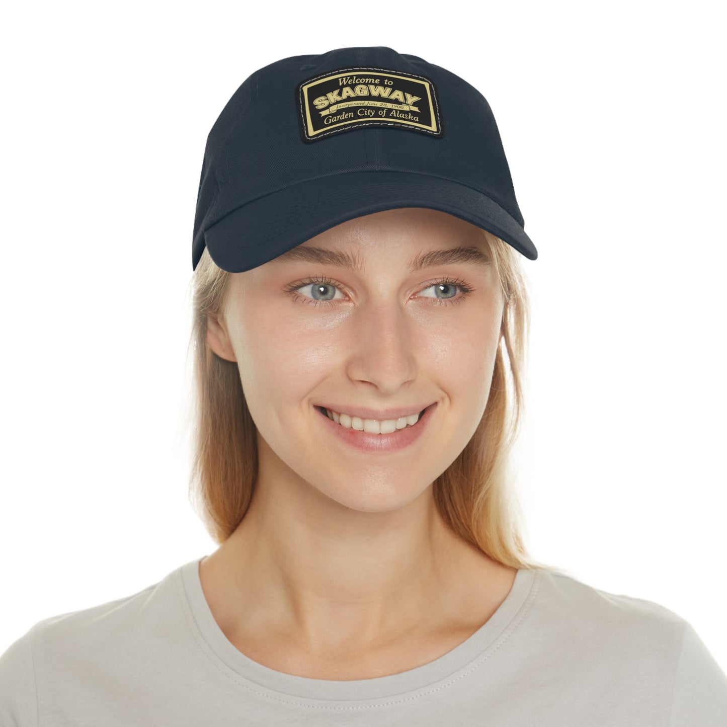 Welcome to Skagway Hat —  Skagway, Alaska Leather Patch Dad Hat