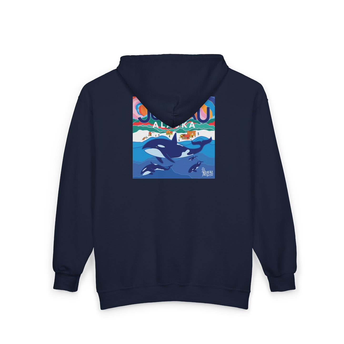 Juneau Alaska Orca Zip Hoodie — Vintage Travel Whale & Sunset Full‑Zip Sweatshirt
