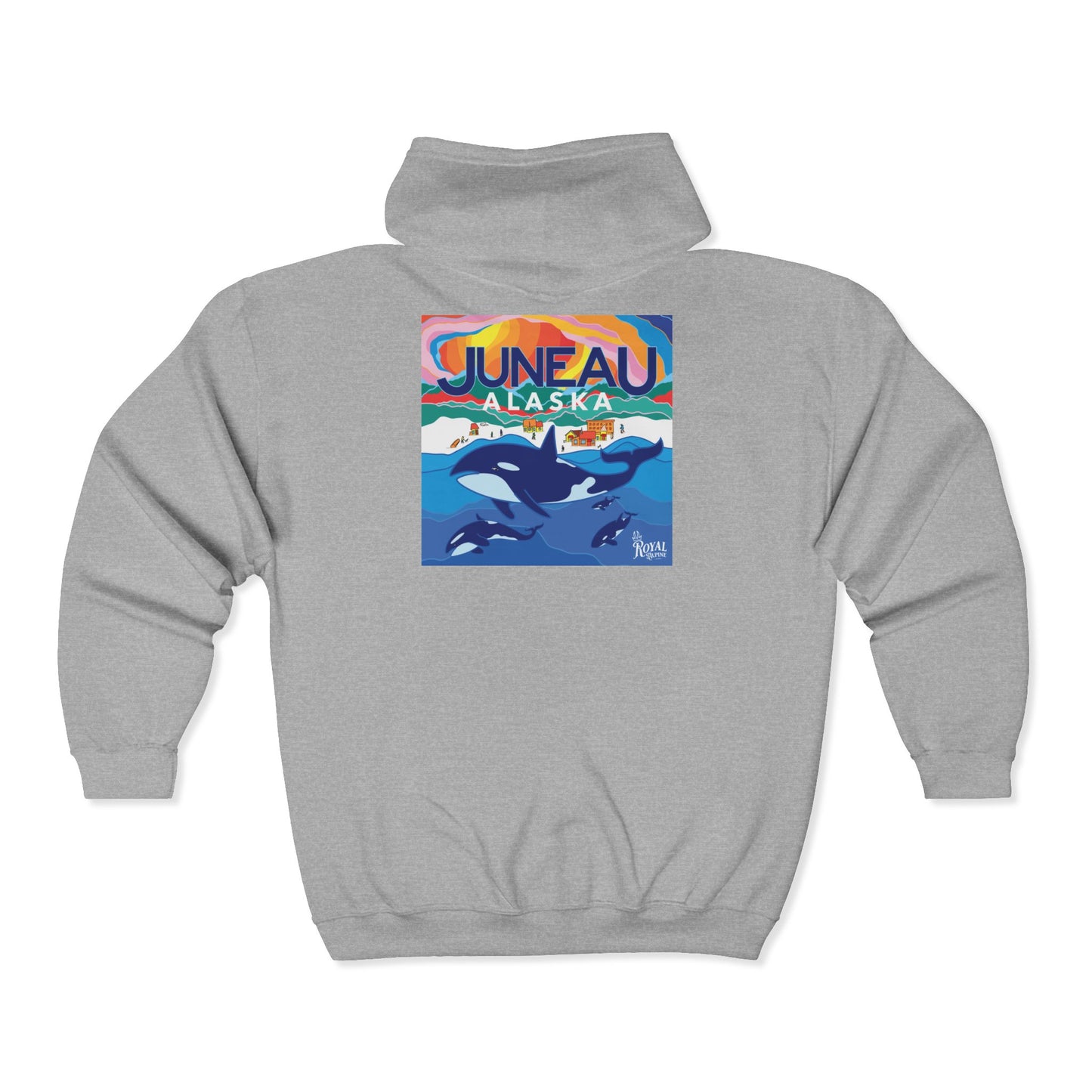 Juneau Alaska Orca Zip Hoodie — Vintage Travel Whale & Sunset Full‑Zip Sweatshirt