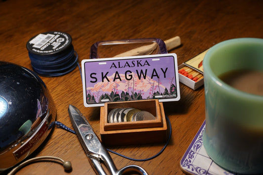 Alaskan Fireweed License Plates for Skagway and Juneau Stickers and Magnets