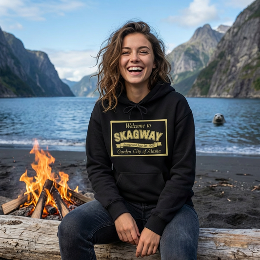 Golden Skagway, Alaska Hoodie – “Welcome to Skagway” Vintage Travel Hoodie