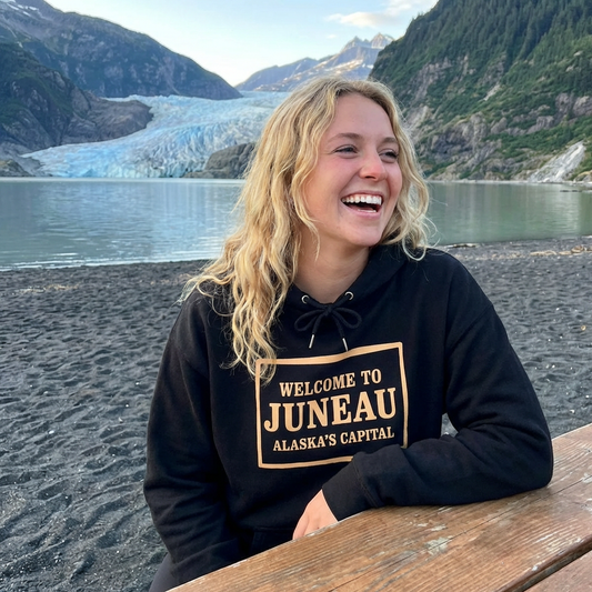 Juneau Alaska Hoodie - "Welcome to Juneau" Souvenir Gold Print Pullover