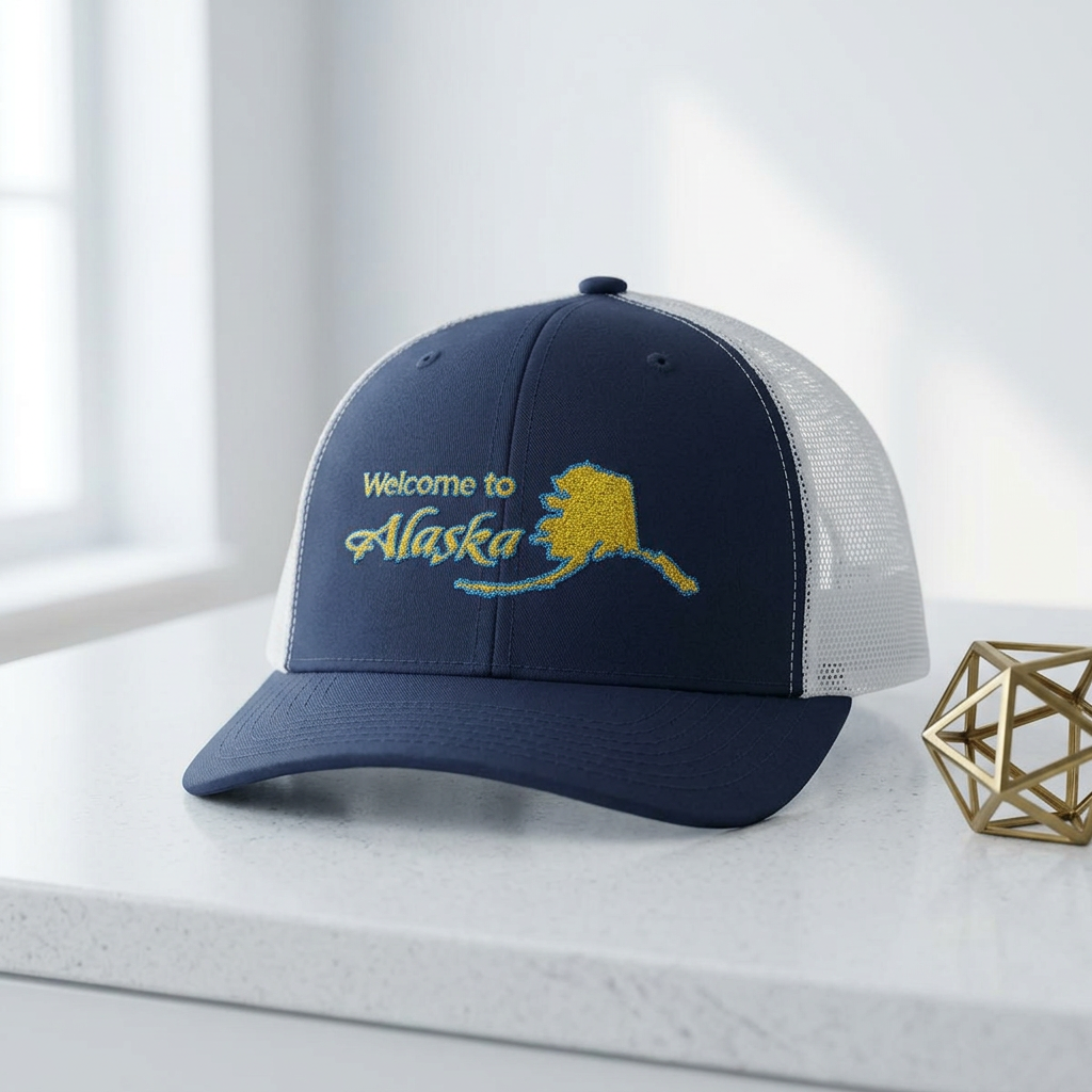 Welcome to Alaska Golden Trucker Cap - Skagway, Alaska Snapback | Royal Alpine