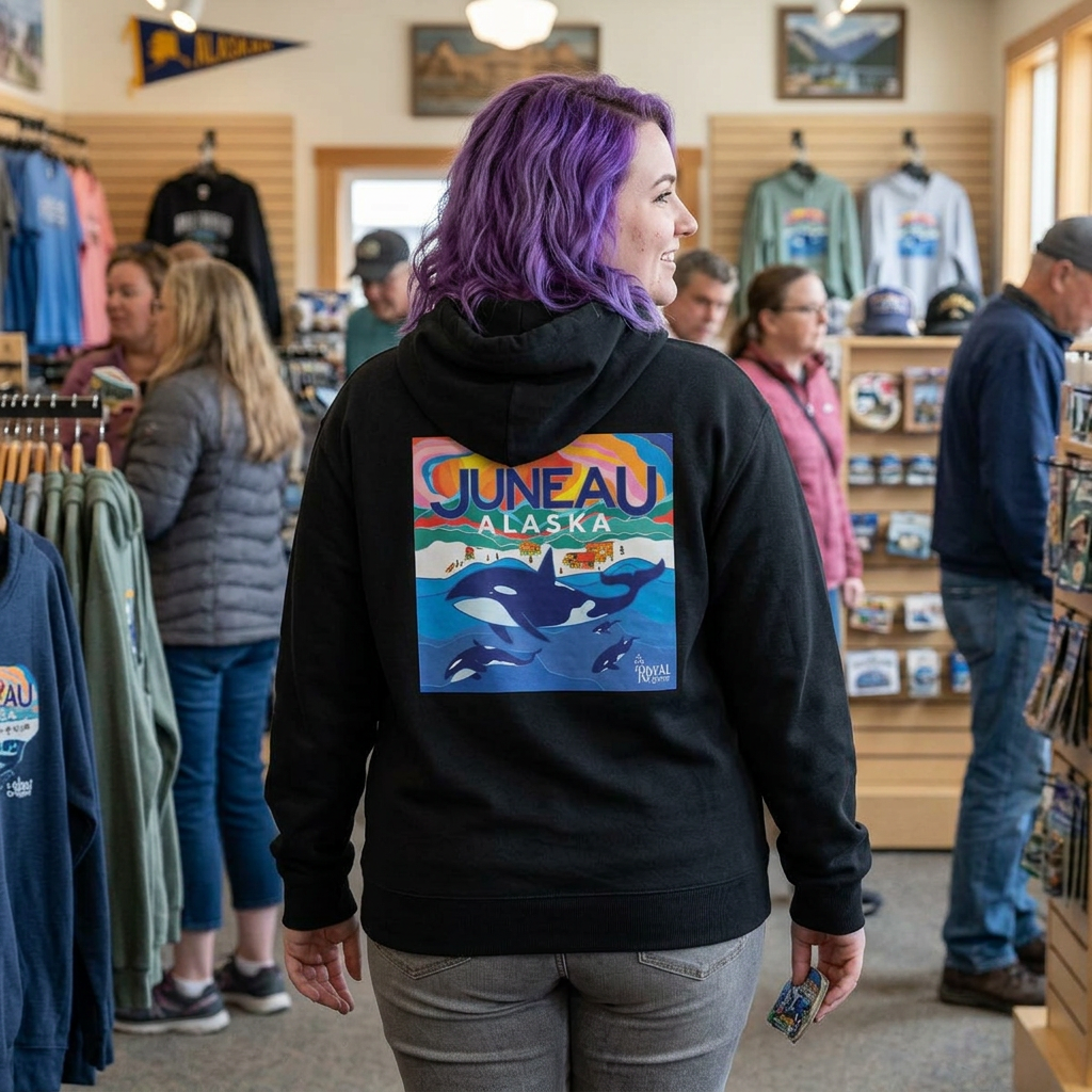 Juneau Alaska Orca Zip Hoodie — Vintage Travel Whale & Sunset Full‑Zip Sweatshirt