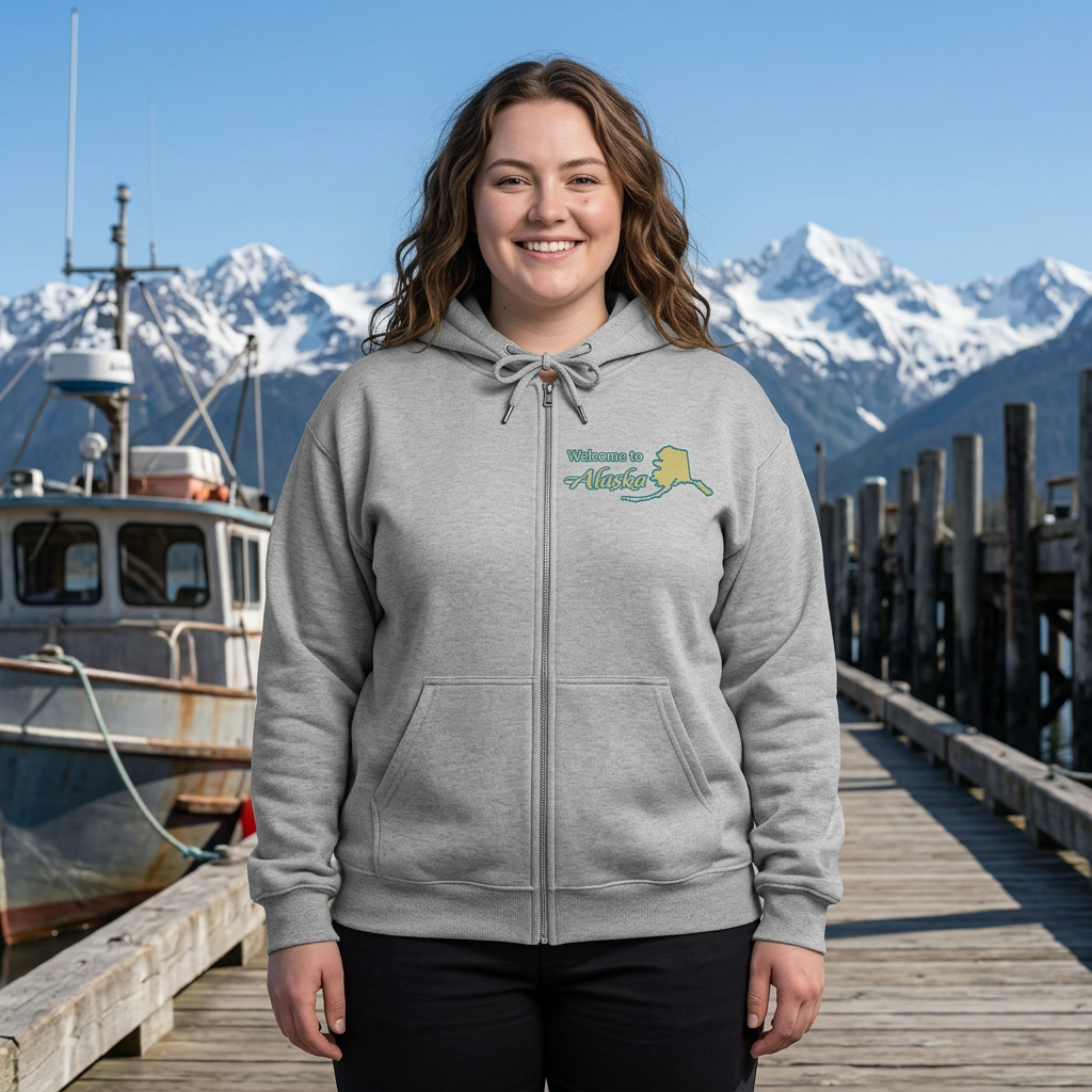 Alaska Bear Zip Hoodie – 'Welcome to Alaska' Graphic Full‑Zip Sweatshirt