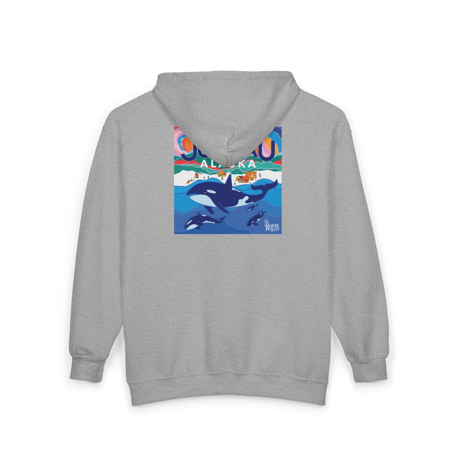 Juneau Alaska Orca Zip Hoodie — Vintage Travel Whale & Sunset Full‑Zip Sweatshirt