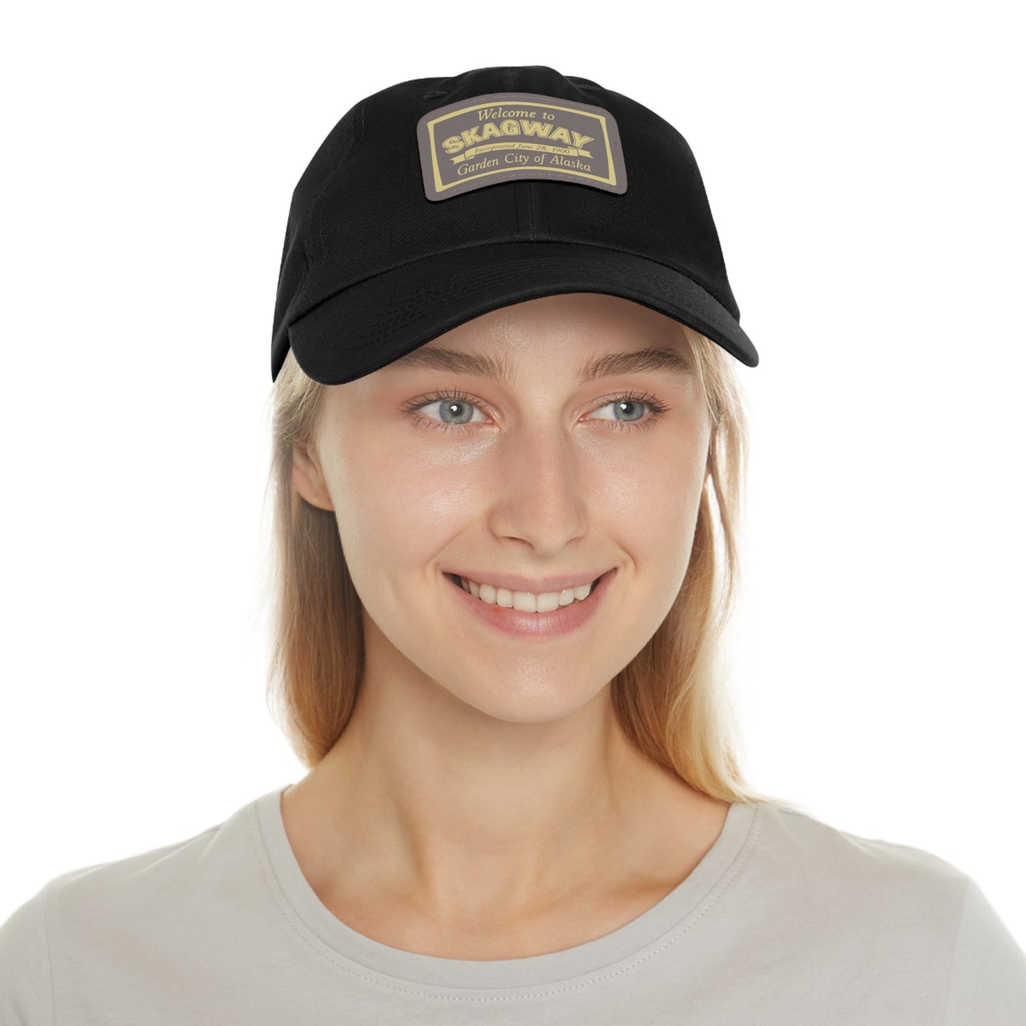 Welcome to Skagway Hat —  Skagway, Alaska Leather Patch Dad Hat