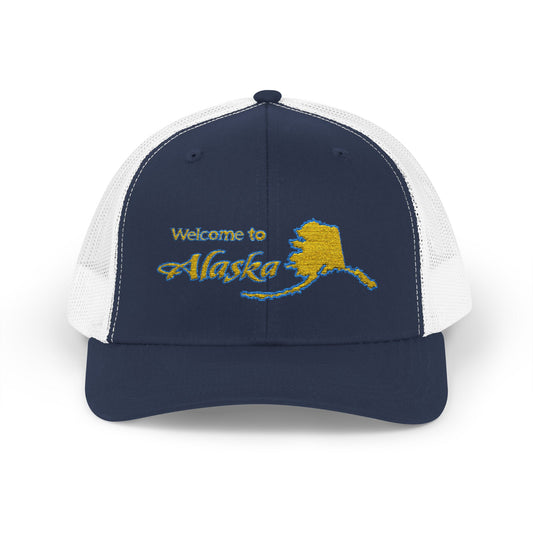 Welcome to Alaska Golden Trucker Cap - Skagway, Alaska Snapback | Royal Alpine