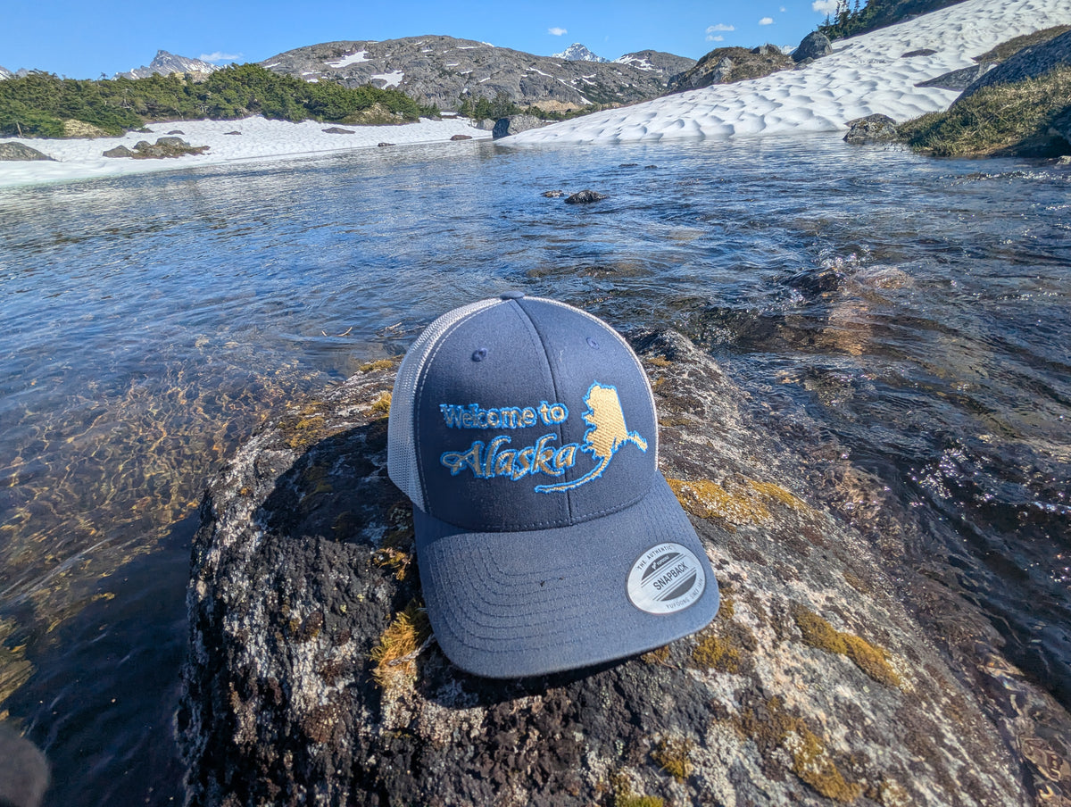 Welcome to Alaska Golden Trucker Cap - Skagway, Alaska Snapback | Royal Alpine