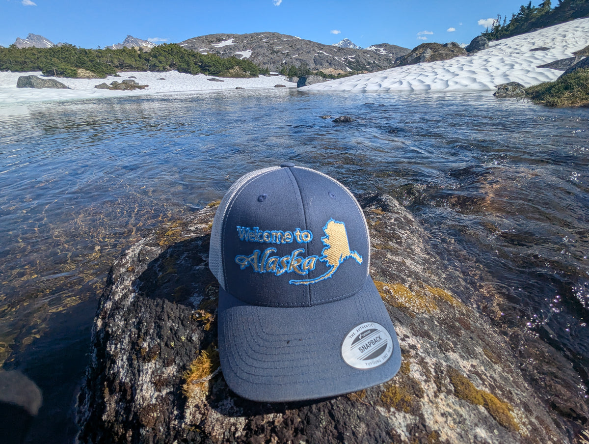 Welcome to Alaska Golden Trucker Cap - Skagway, Alaska Snapback | Royal Alpine